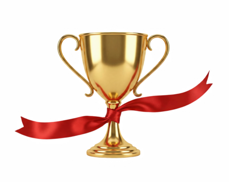 Golden Trophy Cup with Red Ribbon on Black Background, Symbol of Victory, Success and Achievement isolate on transparent background PNG