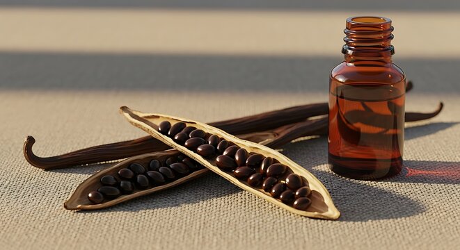Vanilla Extract Bottle with Vanilla Beans and Pods on Burlap Fabric Background - Powered by Adobe