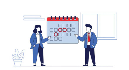 Business team planning project timeline on calendar in modern office, collaborating on schedule and deadlines, creating strategic plan for success.