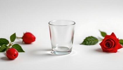 A clear glass with water droplets on its surface sits in front of two red roses, creating a symmetrical still life with a romantic theme