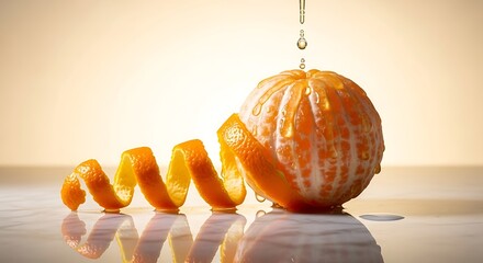 Peeled Mandarin Orange with Water Droplets and Spiral Peel on Reflective Surface