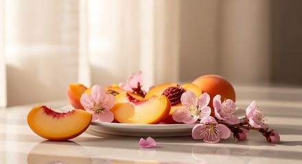 Fresh Peach Slices with Blossom Flowers on a White Plate, Natural Light