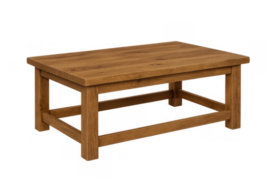 Solid oak wood coffee table featuring a rectangular top and natural brown finish, isolated on transparent background