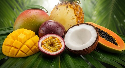 Exotic Tropical Fruit Assortment on Palm Leaf Background