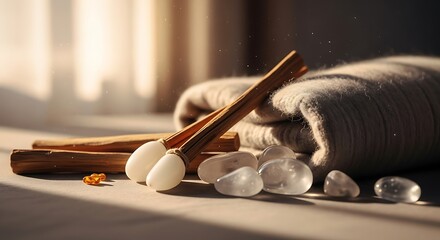 Serene Still Life: Quartz Crystals, Palo Santo, and Soft Blanket in Warm Light