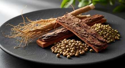 Assortment of Natural Herbal Medicine Ingredients on Dark Plate
