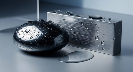 Abstract Metal Shapes with Water Droplets on Gray Surface