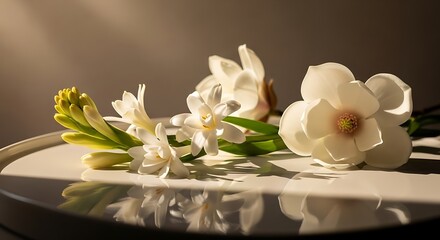 Elegant Still Life with White Magnolia and Tuberose Flowers in Soft Light