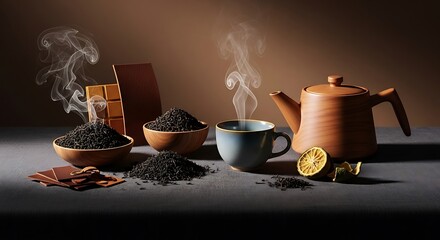 Elegant Still Life of Black Tea, Chocolate, and Lemon with Steaming Cup and Teapot