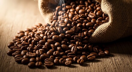 Fresh Roasted Coffee Beans Overflowing from Burlap Sack on Rustic Wood Table