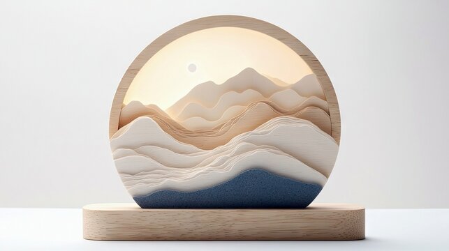 A circular wooden frame encases a delicate diorama of layered paper mountains, illuminated from behind with a soft, warm light and a small moon. - Powered by Adobe