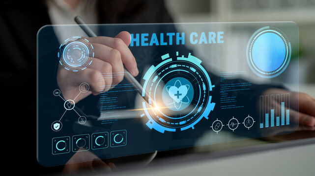 Digital health care technology and medical data dashboard concept. An interface for patient information, diagnostics, and monitoring health records. Motif