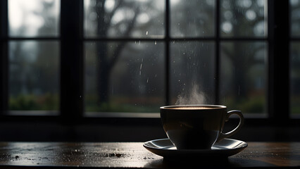 Dark silhouette of a ceramic cup of steaming hot beverage resting on a wooden table beside a window on a cold rainy day. Lifestyle concept