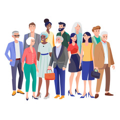 Obraz premium Crowd of young and elderly men and women in fashion clothes. Diverse group of stylish people standing together. Society or population, diverse team, social diversity. Flat cartoon vector illustration.