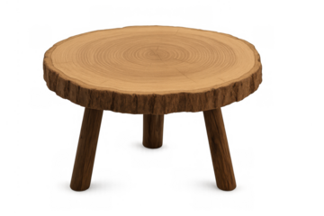 Rustic wood log slice table, natural tree stump furniture with three legs, minimal design on transparent background