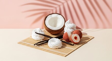 Exotic Dessert Still Life: Coconut, Lychee, Marshmallow, and Vanilla Beans on a Bamboo Mat