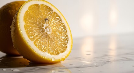 Fresh Lemon Half with Water Droplets on Marble Surface - Close-Up
