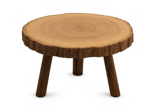 Rustic wood log slice table, natural tree stump furniture with three legs, minimal design on transparent background