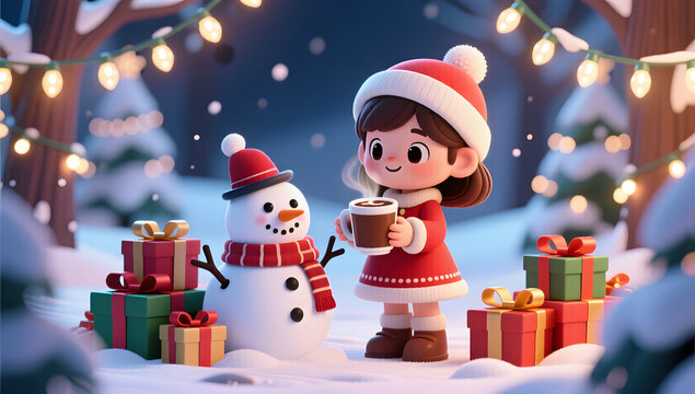 Christmas girl enjoying hot chocolate with snowman