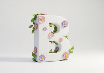 A 3D-rendered uppercase letter B standing on a white background, decorated with a few small daisy flowers in soft pink, purple, and yellow hues, scattered delicately along the edges and corners