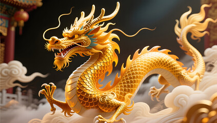 Amber golden Chinese dragon soaring in clouds