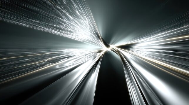 Abstract visualization of light trails and streaks converging and diverging in a dark, metallic, or glass-like tunnel-like environment, suggesting speed and mot
