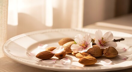 Elegant Almonds and Blossom Still Life on a White Plate, Natural Light