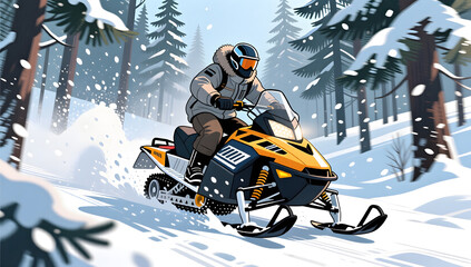 Naklejka premium Snowmobile racing through winter forest