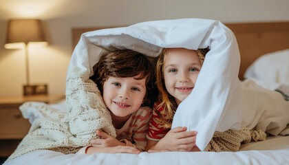 Adorable children playing peek-a-boo under the covers in cozy bedroom, creating a joyful and playful childhood memory, perfect for family lifestyle ads