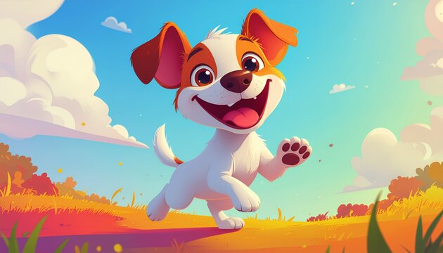 Playful cartoon dog running joyfully through a vibrant meadow under a bright blue sky, spreading happiness and fun, perfect for children's content