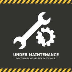 Flat design “Under Maintenance” banner featuring a wrench and gear icon on a dark background, with yellow hazard stripes