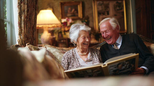Elderly Couple Reading and Laughing Together in Cozy Living Room