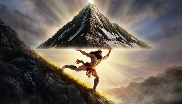 Hanuman's incredible strength with mountain landscape, embodying resilience and determination, a powerful symbol of overcoming challenges, inspiring leadership
