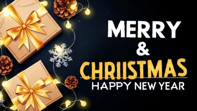 Christmas banner. Background Xmas design of sparkling lights garland, with realistic gifts box, black snowflake and glitter gold confetti. Horizontal christmas poster, greeting cards, headers