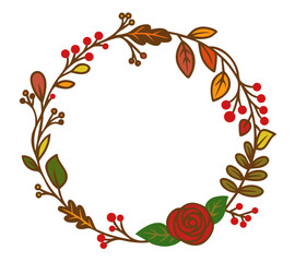 Fototapeta premium Fall botanical round frame with berries and autumn leaves — rustic wreath