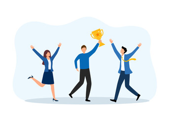 Successful businessman celebrating a victory, and to triumph trophy winners.