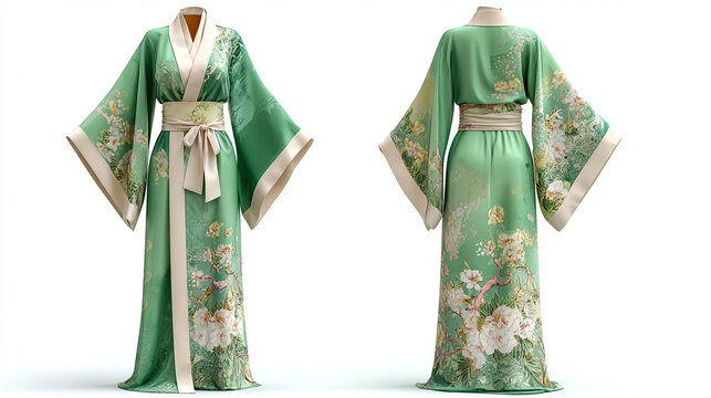 Elegant green silk kimono robe with intricate floral embroidery and matching obi belt displayed front and back