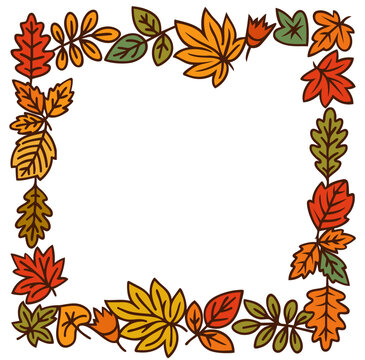 Autumn square frame with colorful fall leaves &mdash; botanical leaf border