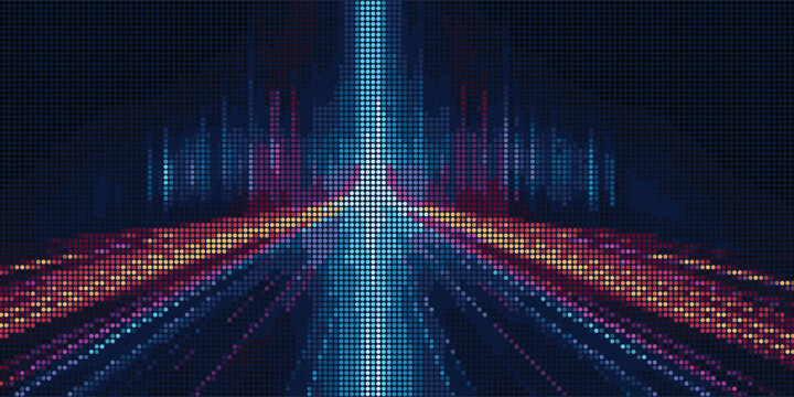 Dynamic abstract background featuring a central blue beam and converging data streams, rendered in a halftone dot grid. Visualizes a digital highway, data transmission, or futuristic server path