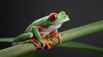 Obraz premium Colorful Red-Eyed Tree Frog Perched on Bamboo Close-Up