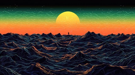 A solitary figure stands on jagged mountain peaks, silhouetted against a vibrant sunset sky with a large sun and a starry horizon.