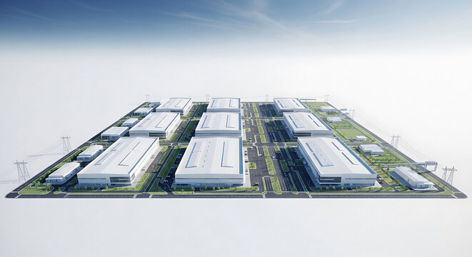 Discover modern industrial park design for logistics and manufacturing businesses, showcasing future growth and expansion opportunities in a clean, efficient layout - Powered by Adobe