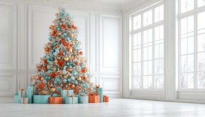 Ornate holiday evergreen centerpiece dominates a bright, classic interior space with snow outside