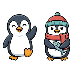 Naklejka premium Cute Winter Penguins Cartoon Duo