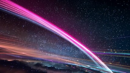 Vibrant cosmic landscape showcasing colorful light trails against a starry night sky backdrop - Powered by Adobe
