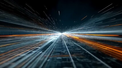 Dynamic abstract representation of high-speed data transfer through a digital landscape at night - Powered by Adobe