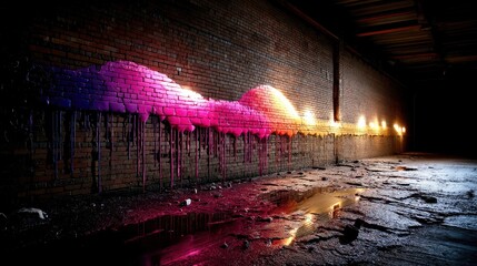 A dark, abandoned industrial space with a brick wall covered in vibrant, dripping graffiti art. Puddles on the floor reflect the colorful lights.