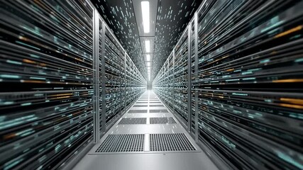 Futuristic data center corridor with glowing servers, showcasing digital flow and technological advancement - Powered by Adobe