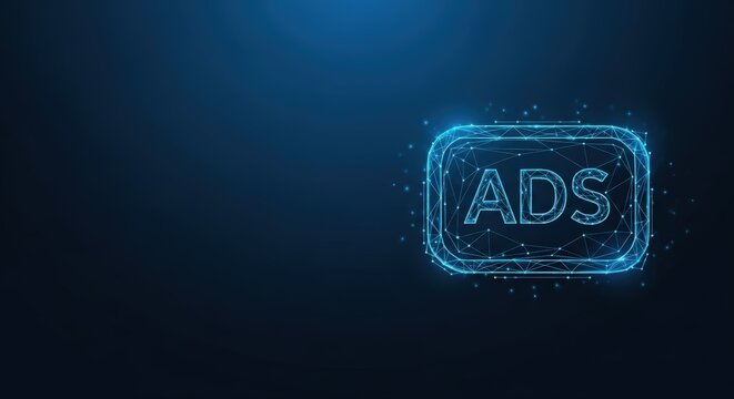 Digital advertising button glowing on a dark futuristic technology network background