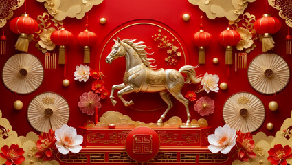 Year of the Horse Chinese New Year 2026 background, Chinese Happy New Year 2026 greeting card.